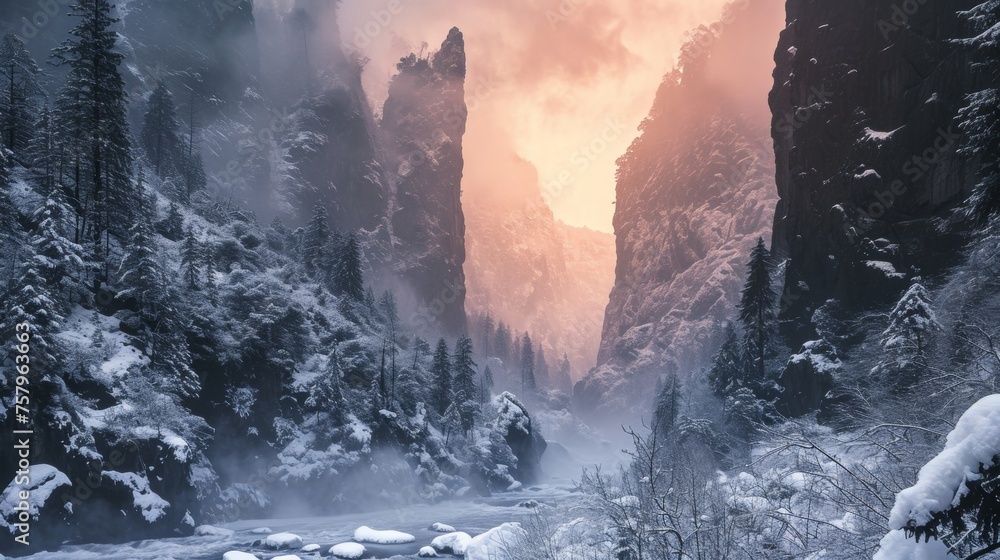 Majestic landscape of rugged lands valley in winter with snow. - obrazy, fototapety, plakaty 