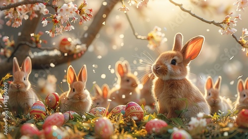 Springtime Family Gathering: Rabbits with Easter Eggs in Garden