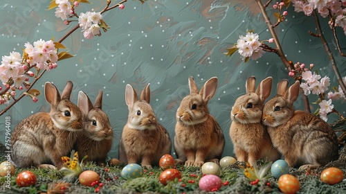 Springtime Family Gathering: Rabbits with Easter Eggs in Garden