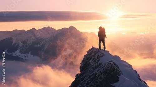 Hiker standing on tip of mountain top in winter in rugged lands with snow and majestic view.