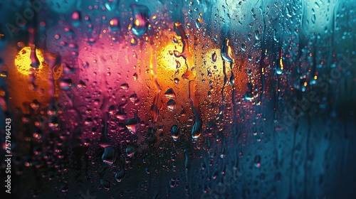 Close-up of multi-colored water drops on glass. Neon city lighting, photorealistic stylization, abstraction