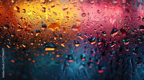 Close-up of multi-colored water drops on glass. Neon city lighting, photorealistic stylization, abstraction