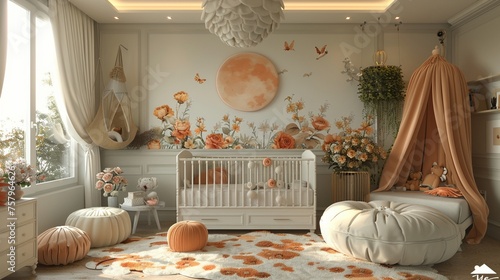 Whimsical fairy tale-themed nursery with magical accents and soft colors3D render photo