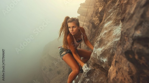 A female rock climber climbing a cliff in Grand Canyon.