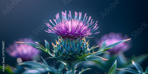 Greater burdock edible presence purple petals contrast with green leaf beauty with blurred background. illustration photo