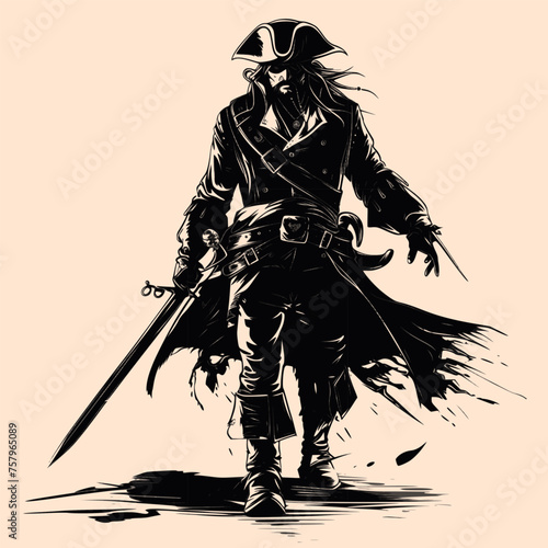 Black and White Pirate Character Outline Silhouette Ornament Vector Art for Logo and Icon, Sketch, Tattoo, Clip Art
