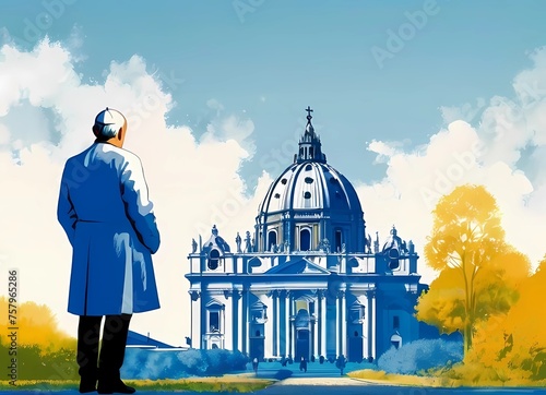 レトロポップな版画風ドーム教会と教皇イラスト photo