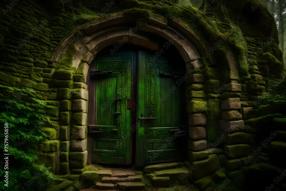 An ancient stone door, moss-covered and slightly ajar, hinting at secrets within