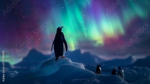 Penguins on ice land with beautiful aurora northern lights in night sky with snow forest in winter.