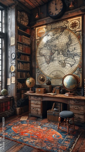 Old-world map room with globes and antique navigation tools3D render photo