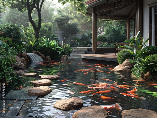 Tranquil koi pond with a surrounding sitting area and lush landscaping3D render © Mix and Match Studio