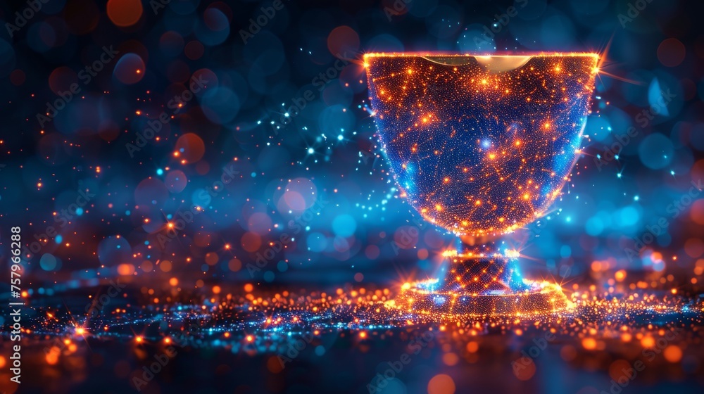 Concept of a champion cup in hand in the shape of a starry sky, defined by points, lines, and shapes in the form of planets, stars, and the universe. Modern business wireframe. - obrazy, fototapety, plakaty 