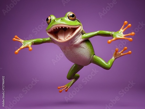 funny bouncing frog on purple background. 