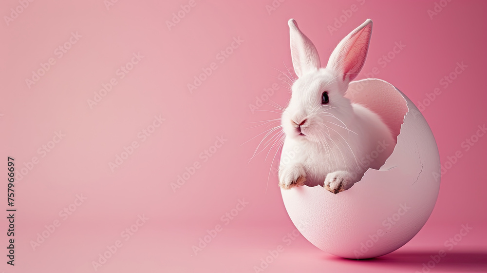 easter bunny emerging from an easter egg on a pink background easter bunny emerging from an easter egg on a pink background