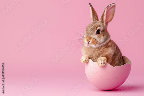 easter bunny emerging from an easter egg on a pink background © Rangga Bimantara