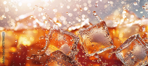 Close-up of ice cubes in cola water. Texture of a carbonated drink with bubbles in the glass. Cola soda and ice splash, fizz or float to the surface. Cold drink background.
