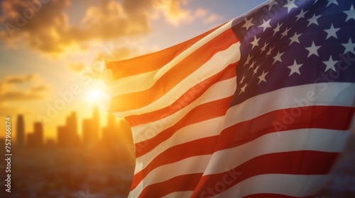 US national flag and New York City skyline at sunset.