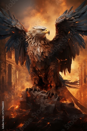 A powerful eagle with its wings spread wide stands amidst flames and ruins.