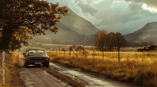 a car parked on a dirt road with a field and mountains in the background