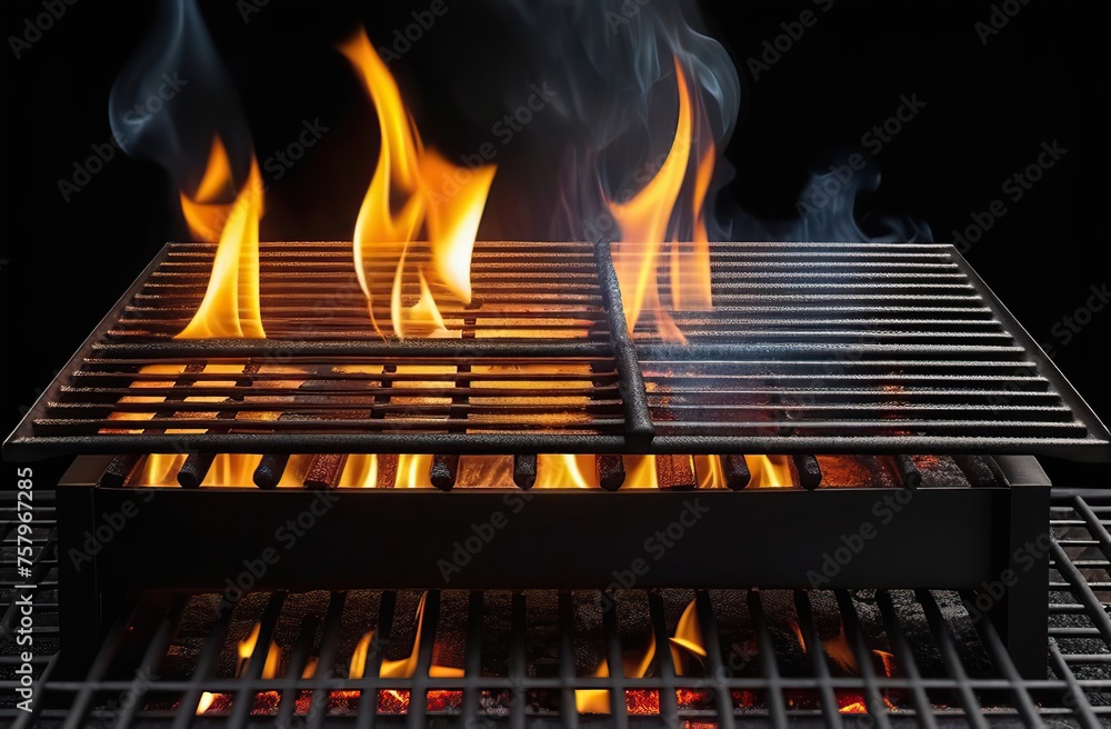Barbecue Grill With Fire Flames - Empty Fire Grid On Black Background Barbecue Grill With Fire Flames - Empty Fire Grid On Black Background