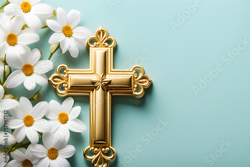 Gold cross with white flowers photo