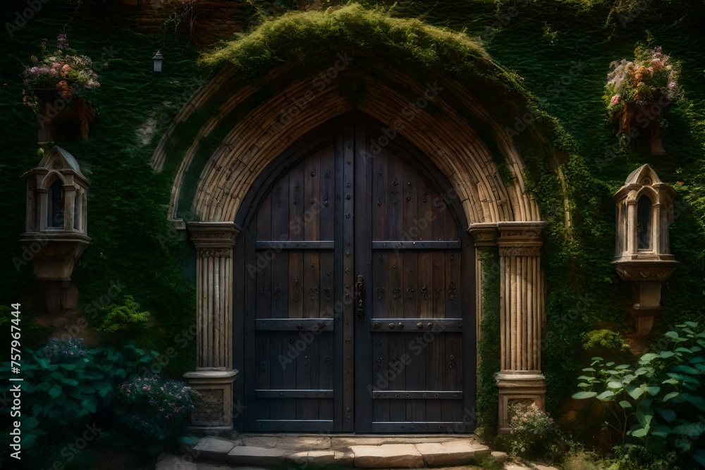 A medieval-style arched entrance leads to an enchanting garden full of wonderful creatures. A medieval-style arched entrance leads to an enchanting garden full of wonderful creatures.