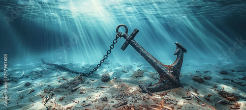 anchor on a chain lies on the ocean floor photo