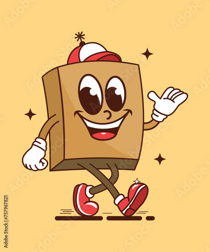 Vector cartoon illustration of retro cardboard box packing character with hat and funny face, perfect for, stickers, posters, t-shirts, mascots, logos, etc