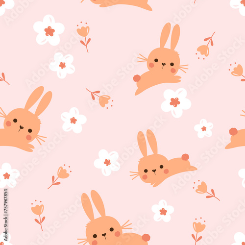 Seamless pattern with bunny rabbit cartoons, cute flower and tulip flower on pink background vector. 