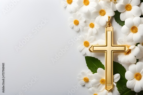 Gold cross with white flowers photo