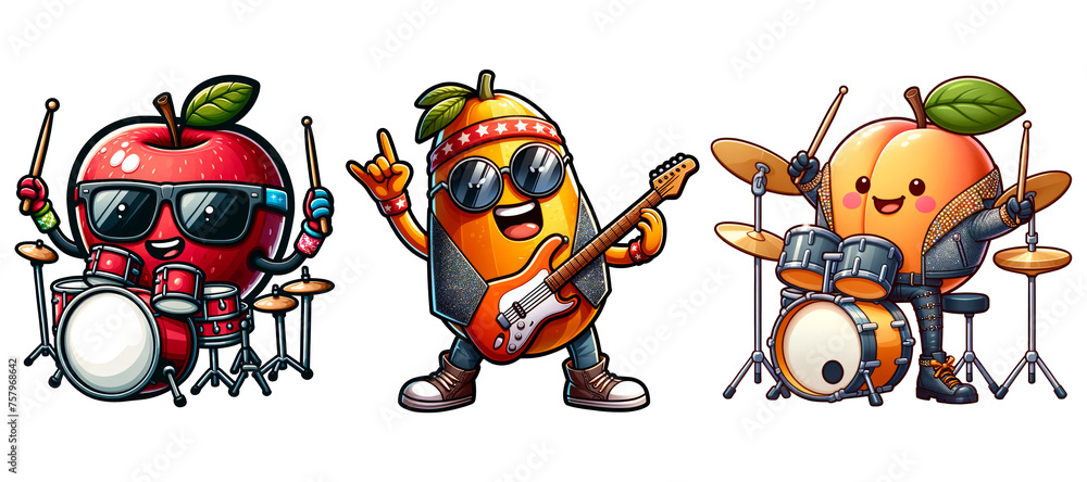 Rockstar fruits character cartoon isolated on transparent background Rockstar fruits character cartoon isolated on transparent background