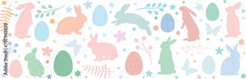 Pastel colorful Easter banner, holiday background design, greeting concept vector clip art illustration pattern with rabbits