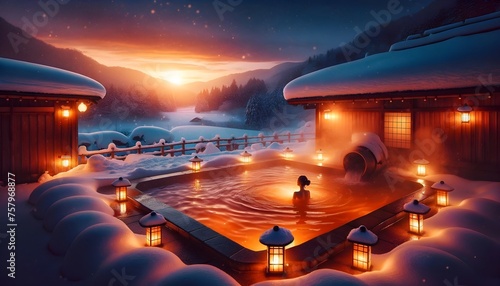 onsen in a snowy landscape at twilight, complete with lanterns enjoying the tranquil setting.