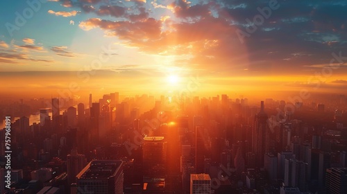 Sunrise Over a Bustling Cityscape  Invoking a Sense of New Beginnings and Daily Hustle