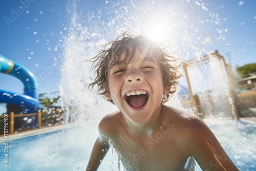 Laughing happy boy in a water park sliding down the toboggan, splashes and foam, joy from active recreation in summer bright sun