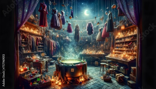 A witch's secret lair where magical costumes and props are created, with spells and potions enhancing the performances.