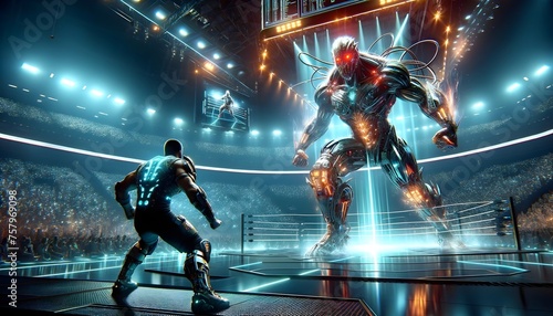 a wrestler uses advanced technology to enhance his strength  battling a cybernetic monster in a spectacle of lights and energy. 