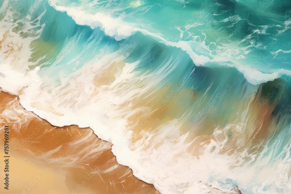 The coastal serenity of an abstract beach, captured from above with delicate light blue transparent water waves and sunlit sands. Summer vacation concept, radiating elegance and tranquility. - obrazy, fototapety, plakaty 