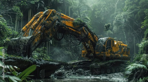 Colossal Excavators Merged with Organic Structures Unearth Fossils in Prehistoric Jungle photo
