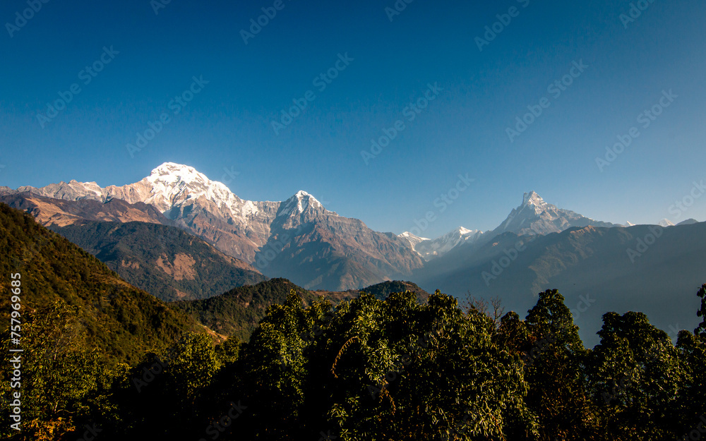 Landscape view of Mount Annapurna range in Nepal. 