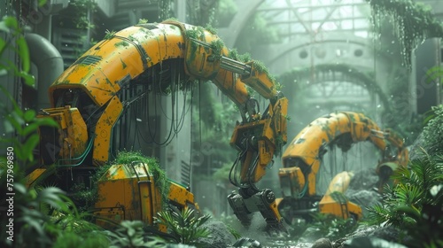 Cybernetic Excavators Meticulously Sculpting Irrigation Channel for Agricultural Advancement