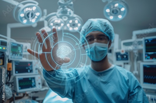 Surgeon uses finger to touch virtual holographic button about brain system  generative ai art