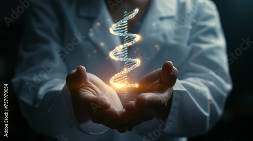 Glowing hologram of 3D human DNA structure in the hands of scientist