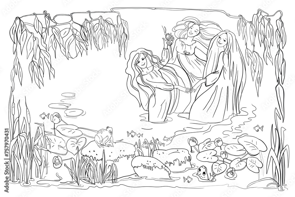 Mermaid girls dream, mermaids swim in the pond, fairy pond with mermaids, illustration, for coloring