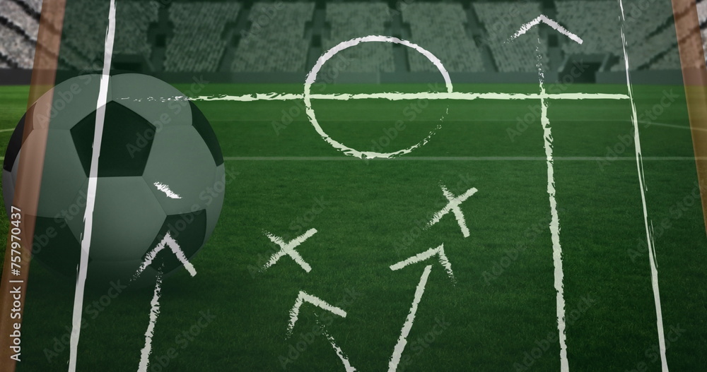 Fototapeta premium Image of drawing of game plan over football and stadium