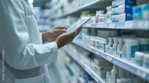 A pharmacist is working checking the inventory on drug shelf in drug store.