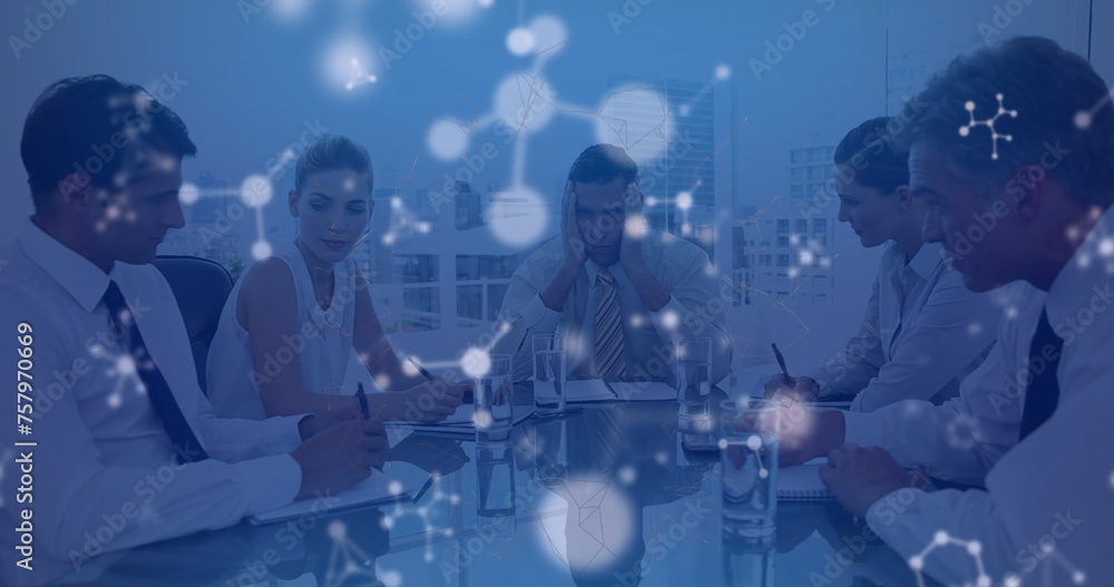 Image of triangle and nucleotides over caucasian angry manager shouting on coworkers in meeting Image of triangle and nucleotides over caucasian angry manager shouting on coworkers in meeting