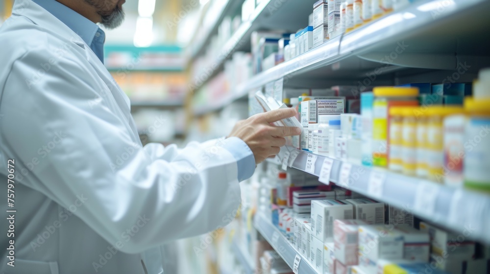 A pharmacist is working checking the inventory on drug shelf in drug store.