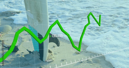 Image of graph with numbers over surfboard and waves in ocean
