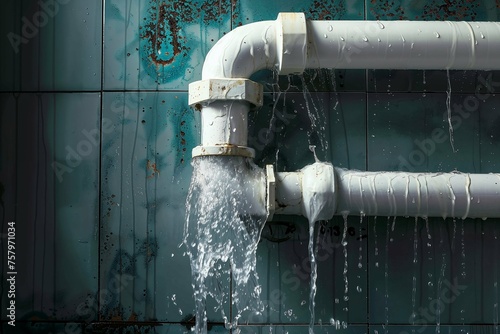 Burst water pipe leakage against weathered industrial wall